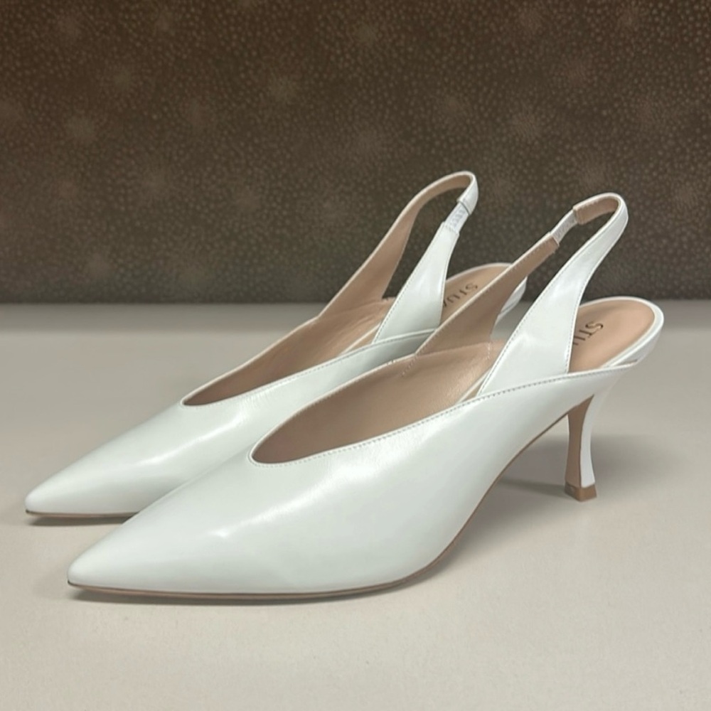 Stuart Weitzman Avianna 75 White Leather Slingback Bridal Pumps Heels